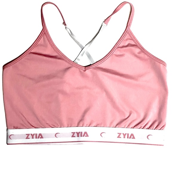 LOT OF 2 Zyia Sports Bras Comfort Racer Back Logo Band Cropped Tank PINK BLK MED - Picture 2 of 9